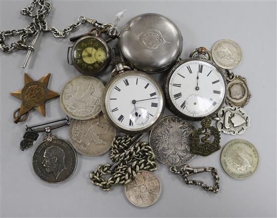 Mixed pocket watches, coins and medals.